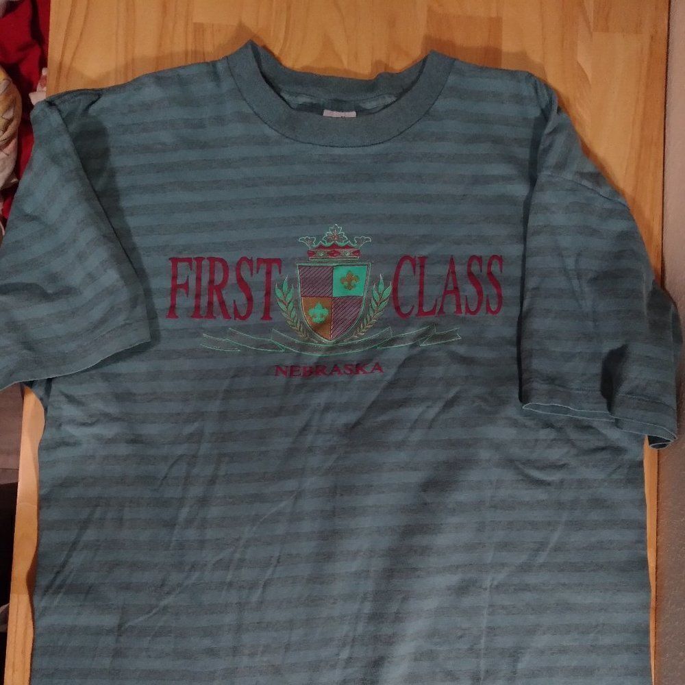 Vintage First Class Nebraska Logo Spell Out Striped T-Shirt